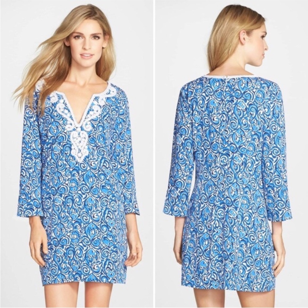 Lilly Pulitzer Classic Juliana Beaded Tunic Shift Dress Blue and White